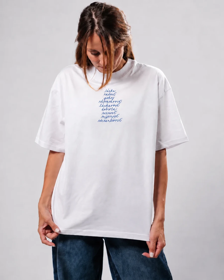 OVOCIE DUCHA – unisex tričko – biela, modrá potlač