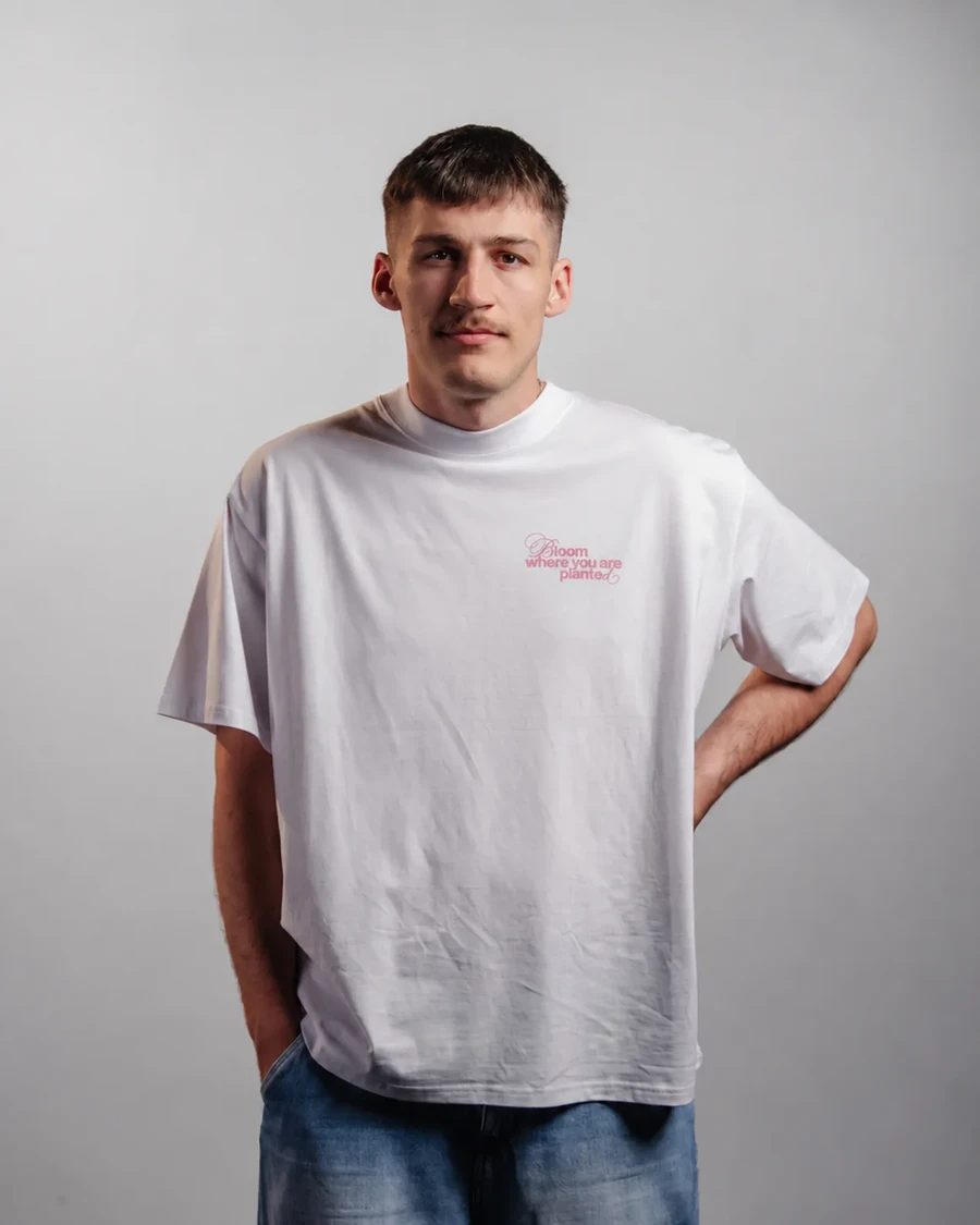 BLOOM WHERE YOU ARE PLANTED | unisex tričko – biela, ružová potlač