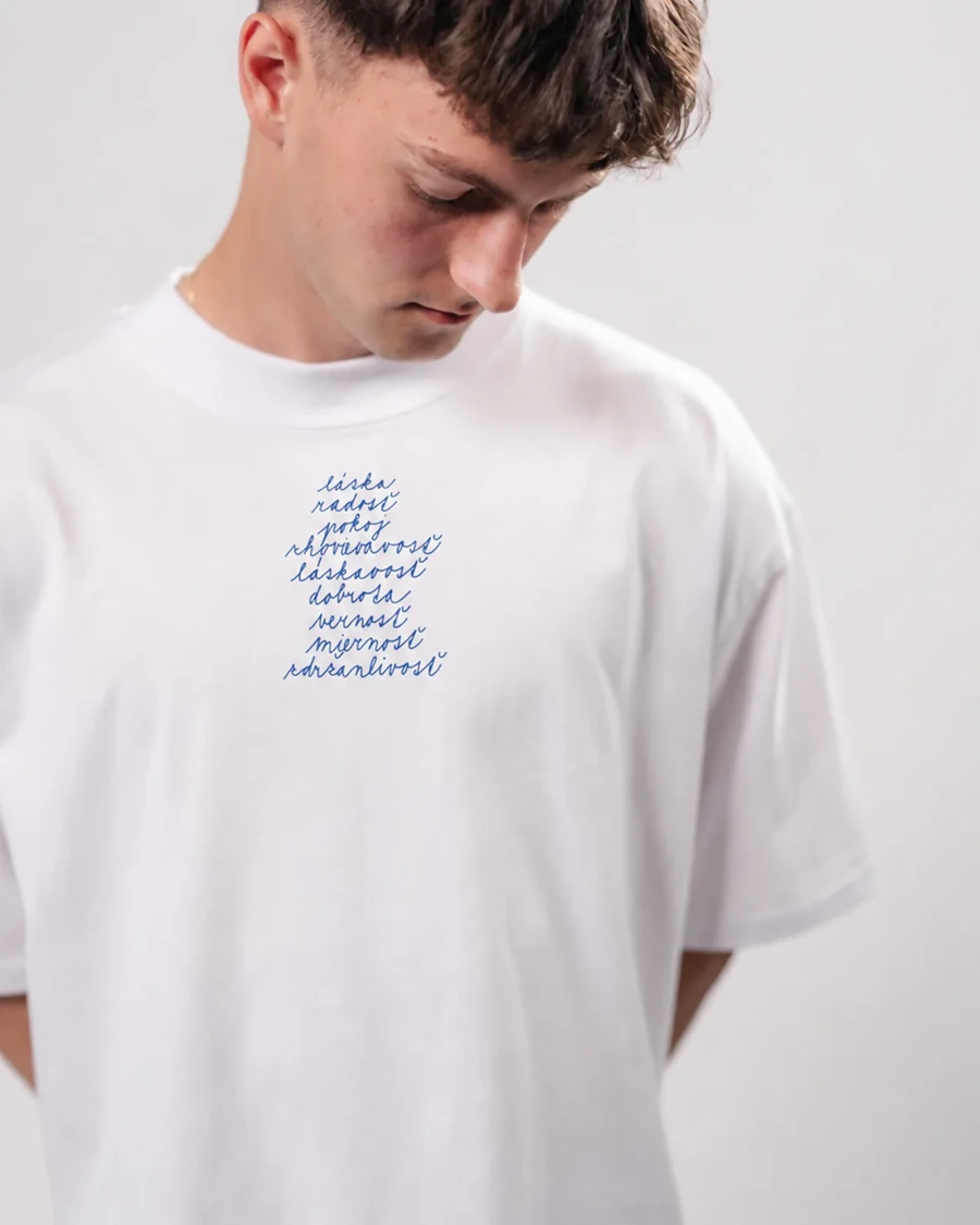 OVOCIE DUCHA – unisex tričko – biela, modrá potlač