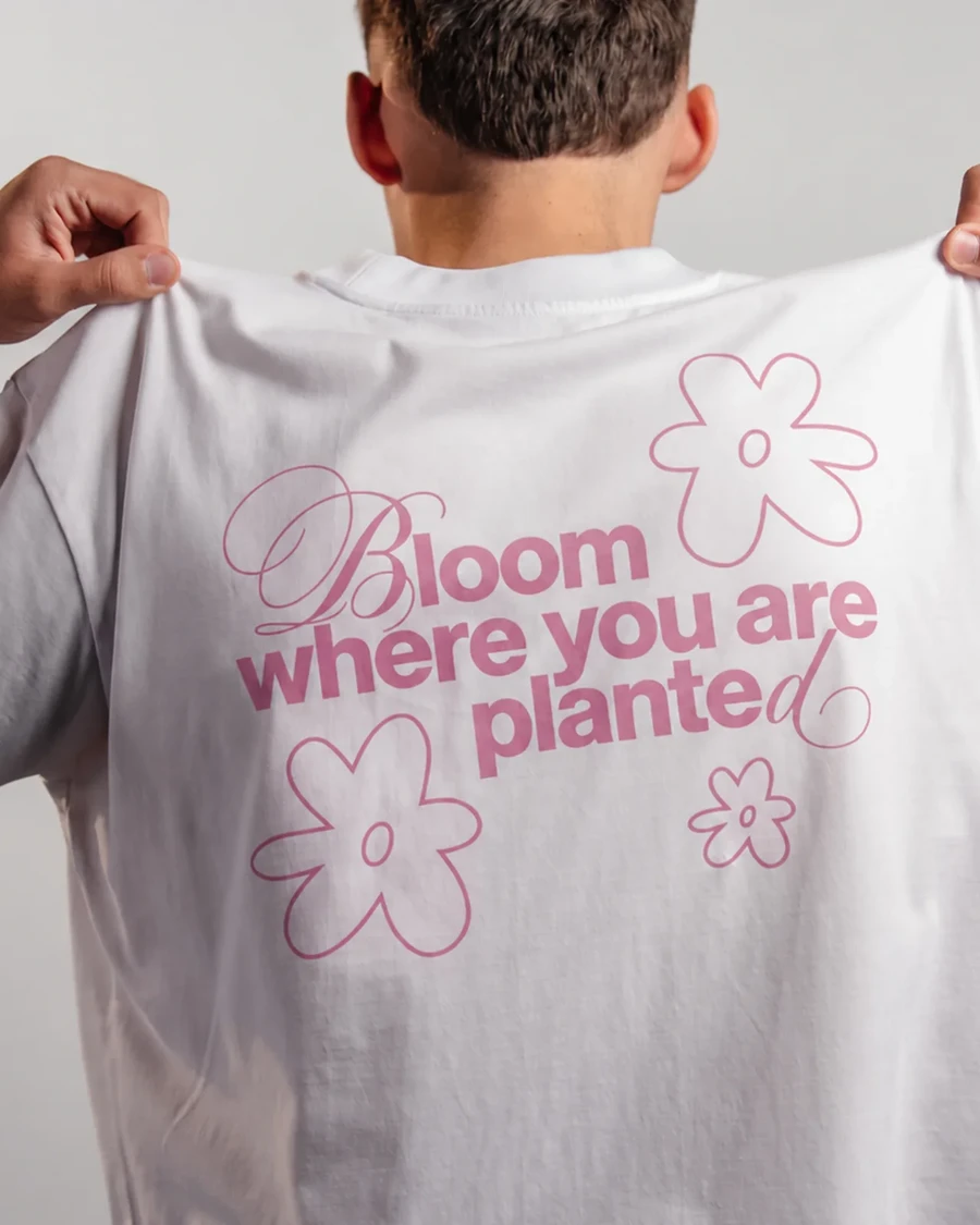 BLOOM WHERE YOU ARE PLANTED | unisex tričko – biela, ružová potlač